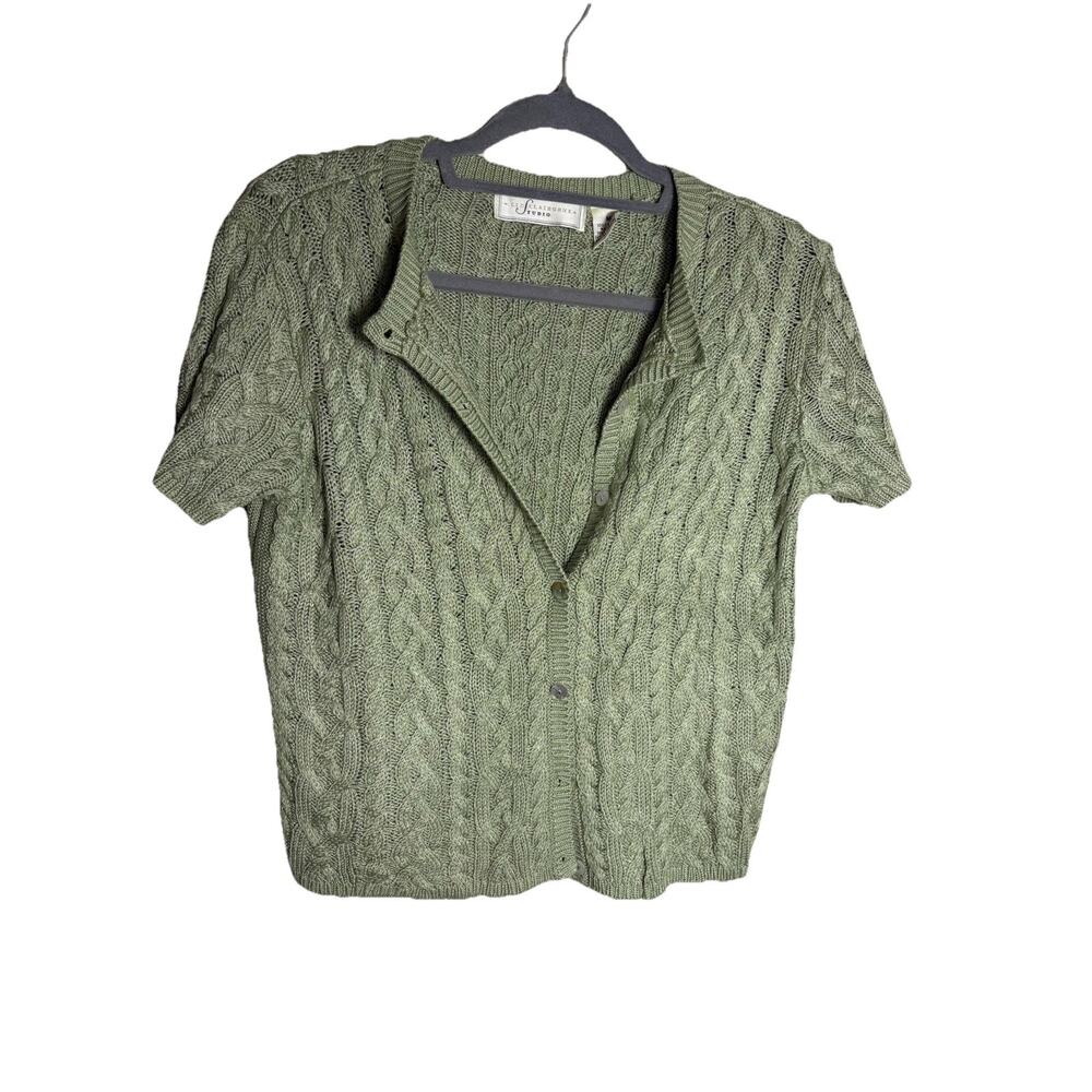 Liz Claiborne Olive Green Cable Knit Short Sleeve Cardigan